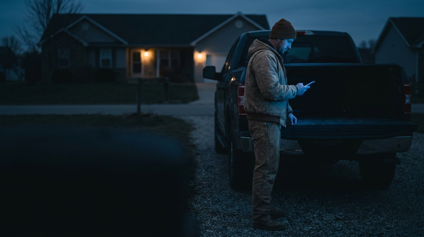 Contractor at a truck tailgate in a driveway at dusk, phone in hand